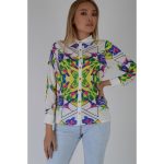LMS White Cold Shoulder Silk Shirt With Colourful Geometric Print